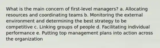 What is the main concern of first-level managers? a. Allocating resources and coordinating teams b. Monitoring the external environment and determining the best strategy to be competitive c. Linking groups of people d. Facilitating individual performance e. Putting top management plans into action across the organization