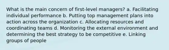 What is the main concern of first-level managers? a. Facilitating individual performance b. Putting top management plans into action across the organization c. Allocating resources and coordinating teams d. Monitoring the external environment and determining the best strategy to be competitive e. Linking groups of people