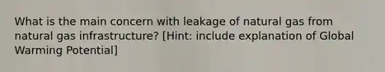 What is the main concern with leakage of natural gas from natural gas infrastructure? [Hint: include explanation of Global Warming Potential]