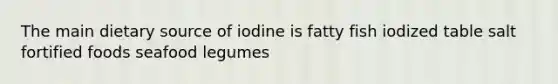 The main dietary source of iodine is fatty fish iodized table salt fortified foods seafood legumes