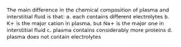 The main difference in the chemical composition of plasma and interstitial fluid is that: a. each contains different electrolytes b. K+ is the major cation in plasma, but Na+ is the major one in interstitial fluid c. plasma contains considerably more proteins d. plasma does not contain electrolytes