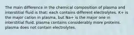 The main difference in the chemical composition of plasma and interstitial fluid is that: each contains different electrolytes. K+ is the major cation in plasma, but Na+ is the major one in interstitial fluid. plasma contains considerably more proteins. plasma does not contain electrolytes.