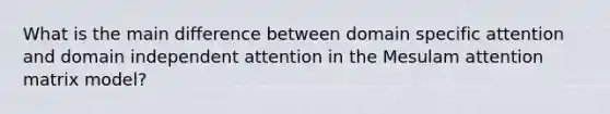 What is the main difference between domain specific attention and domain independent attention in the Mesulam attention matrix model?