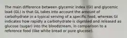 The main difference between glycemic index (GI) and glycemic load (GL) is that GL takes into account the amount of carbohydrate in a typical serving of a specific food, whereas GI indicates how rapidly a carbohydrate is digested and released as glucose (sugar) into the bloodstream, in comparison to a reference food (like white bread or pure glucose).