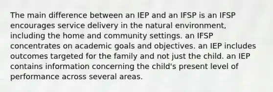 The main difference between an IEP and an IFSP is an IFSP encourages service delivery in the natural environment, including the home and community settings. an IFSP concentrates on academic goals and objectives. an IEP includes outcomes targeted for the family and not just the child. an IEP contains information concerning the child's present level of performance across several areas.