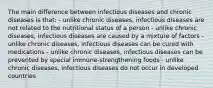 The main difference between infectious diseases and chronic diseases is that: - unlike chronic diseases, infectious diseases are not related to the nutritional status of a person - unlike chronic diseases, infectious diseases are caused by a mixture of factors - unlike chronic diseases, infectious diseases can be cured with medications - unlike chronic diseases, infectious diseases can be prevented by special immune-strengthening foods - unlike chronic diseases, infectious diseases do not occur in developed countries