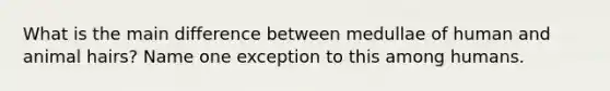 What is the main difference between medullae of human and animal hairs? Name one exception to this among humans.