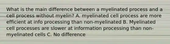 What is the main difference between a myelinated process and a cell process without myelin? A. myelinated cell process are more efficient at info processing than non-myelinated B. Myelinated cell processes are slower at information processing than non- myelinated cells C. No difference