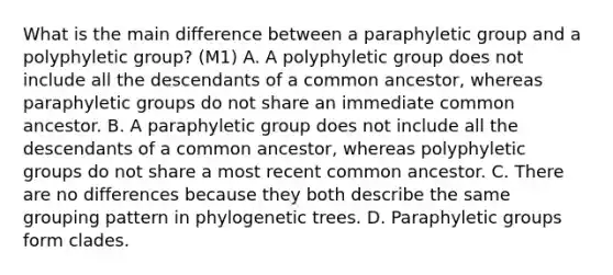 What is the main difference between a paraphyletic group and a polyphyletic group? (M1) A. A polyphyletic group does not include all the descendants of a common ancestor, whereas paraphyletic groups do not share an immediate common ancestor. B. A paraphyletic group does not include all the descendants of a common ancestor, whereas polyphyletic groups do not share a most recent common ancestor. C. There are no differences because they both describe the same grouping pattern in phylogenetic trees. D. Paraphyletic groups form clades.