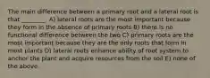 The main difference between a primary root and a lateral root is that ________. A) lateral roots are the most important because they form in the absence of primary roots B) there is no functional difference between the two C) primary roots are the most important because they are the only roots that form in most plants D) lateral roots enhance ability of root system to anchor the plant and acquire resources from the soil E) none of the above