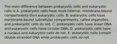 The main difference between prokaryotic cells and eukaryotic cells is A. prokaryotic cells have more internal, membrane-bound compartments than eukaryotic cells. B. eukaryotic cells have membrane-bound subcellular compartments, called organelles, and prokaryotic cells do not. C. prokaryotic cells have linear DNA and eukaryotic cells have circular DNA. D. prokaryotic cells have a nucleus and eukaryotic cells do not. E. eukaryotic cells contain double-stranded DNA while prokaryotic cells do not