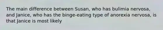 The main difference between Susan, who has bulimia nervosa, and Janice, who has the binge-eating type of anorexia nervosa, is that Janice is most likely