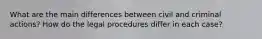 What are the main differences between civil and criminal actions? How do the legal procedures differ in each case?