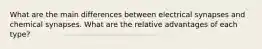 What are the main differences between electrical synapses and chemical synapses. What are the relative advantages of each type?