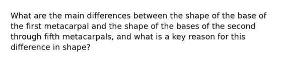 What are the main differences between the shape of the base of the first metacarpal and the shape of the bases of the second through fifth metacarpals, and what is a key reason for this difference in shape?