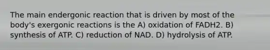 The main endergonic reaction that is driven by most of the body's exergonic reactions is the A) oxidation of FADH2. B) synthesis of ATP. C) reduction of NAD. D) hydrolysis of ATP.