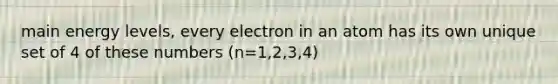 main energy levels, every electron in an atom has its own unique set of 4 of these numbers (n=1,2,3,4)