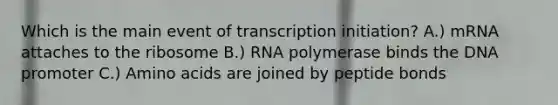 Which is the main event of transcription initiation? A.) mRNA attaches to the ribosome B.) RNA polymerase binds the DNA promoter C.) Amino acids are joined by peptide bonds