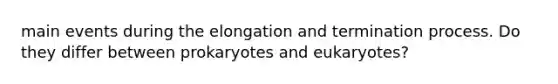 main events during the elongation and termination process. Do they differ between prokaryotes and eukaryotes?