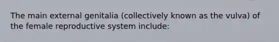 The main external genitalia (collectively known as the vulva) of the female reproductive system include: