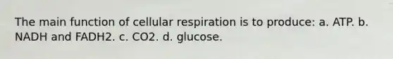 The main function of cellular respiration is to produce: a. ATP. b. NADH and FADH2. c. CO2. d. glucose.