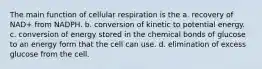 The main function of cellular respiration is the a. recovery of NAD+ from NADPH. b. conversion of kinetic to potential energy. c. conversion of energy stored in the chemical bonds of glucose to an energy form that the cell can use. d. elimination of excess glucose from the cell.