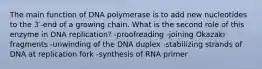 The main function of DNA polymerase is to add new nucleotides to the 3′-end of a growing chain. What is the second role of this enzyme in DNA replication? -proofreading -joining Okazaki fragments -unwinding of the DNA duplex -stabilizing strands of DNA at replication fork -synthesis of RNA primer