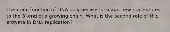 The main function of DNA polymerase is to add new nucleotides to the 3′-end of a growing chain. What is the second role of this enzyme in DNA replication?