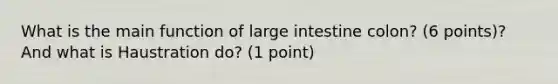 What is the main function of <a href='https://www.questionai.com/knowledge/kGQjby07OK-large-intestine' class='anchor-knowledge'>large intestine</a> colon? (6 points)? And what is Haustration do? (1 point)