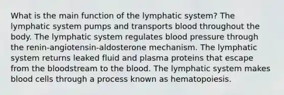 What is the main function of the lymphatic system? The lymphatic system pumps and transports blood throughout the body. The lymphatic system regulates blood pressure through the renin-angiotensin-aldosterone mechanism. The lymphatic system returns leaked fluid and plasma proteins that escape from the bloodstream to the blood. The lymphatic system makes blood cells through a process known as hematopoiesis.