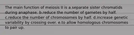 The main function of meiosis II is a.separate sister chromatids during anaphase. b.reduce the number of gametes by half. c.reduce the number of chromosomes by half. d.increase genetic variability by crossing over. e.to allow homologous chromosomes to pair up.