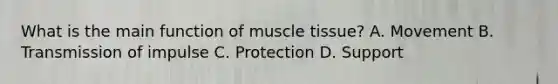 What is the main function of muscle tissue? A. Movement B. Transmission of impulse C. Protection D. Support