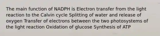 The main function of NADPH is <a href='https://www.questionai.com/knowledge/kzP6QOcY63-electron-transfer' class='anchor-knowledge'>electron transfer</a> from the light reaction to the Calvin cycle Splitting of water and release of oxygen Transfer of electrons between the two photosystems of the light reaction Oxidation of glucose Synthesis of ATP