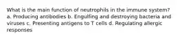 What is the main function of neutrophils in the immune system? a. Producing antibodies b. Engulfing and destroying bacteria and viruses c. Presenting antigens to T cells d. Regulating allergic responses