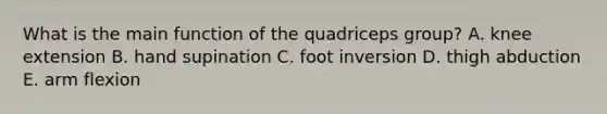 What is the main function of the quadriceps group? A. knee extension B. hand supination C. foot inversion D. thigh abduction E. arm flexion