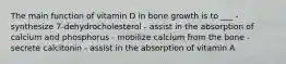 The main function of vitamin D in bone growth is to ___ - synthesize 7-dehydrocholesterol - assist in the absorption of calcium and phosphorus - mobilize calcium from the bone - secrete calcitonin - assist in the absorption of vitamin A