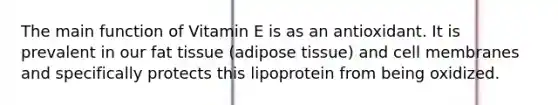 The main function of Vitamin E is as an antioxidant. It is prevalent in our fat tissue (adipose tissue) and cell membranes and specifically protects this lipoprotein from being oxidized.