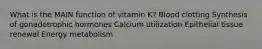 What is the MAIN function of vitamin K?​ ​Blood clotting ​Synthesis of gonadotrophic hormones ​Calcium utilization ​Epithelial tissue renewal ​Energy metabolism