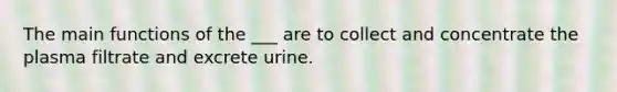 The main functions of the ___ are to collect and concentrate the plasma filtrate and excrete urine.