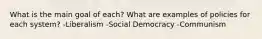 What is the main goal of each? What are examples of policies for each system? -Liberalism -Social Democracy -Communism