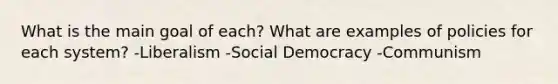 What is the main goal of each? What are examples of policies for each system? -Liberalism -Social Democracy -Communism