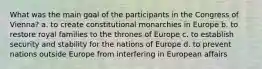 What was the main goal of the participants in the Congress of Vienna? a. to create constitutional monarchies in Europe b. to restore royal families to the thrones of Europe c. to establish security and stability for the nations of Europe d. to prevent nations outside Europe from interfering in European affairs