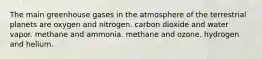 The main greenhouse gases in the atmosphere of the terrestrial planets are oxygen and nitrogen. carbon dioxide and water vapor. methane and ammonia. methane and ozone. hydrogen and helium.