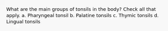 What are the main groups of tonsils in the body? Check all that apply. a. Pharyngeal tonsil b. Palatine tonsils c. Thymic tonsils d. Lingual tonsils