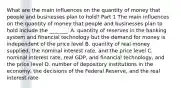 What are the main influences on the quantity of money that people and businesses plan to​ hold? Part 1 The main influences on the quantity of money that people and businesses plan to hold include the​ _______. A. quantity of reserves in the banking system and financial technology but the demand for money is independent of the price level B. quantity of real money​ supplied, the nominal interest​ rate, and the price level C. nominal interest​ rate, real​ GDP, and financial​ technology, and the price level D. number of depository institutions in the​ economy, the decisions of the Federal​ Reserve, and the real interest rate