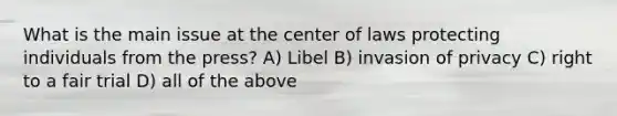 What is the main issue at the center of laws protecting individuals from the press? A) Libel B) invasion of privacy C) right to a fair trial D) all of the above