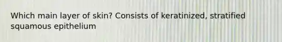 Which main layer of skin? Consists of keratinized, stratified squamous epithelium