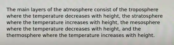 The main layers of the atmosphere consist of the troposphere where the temperature decreases with height, the stratosphere where the temperature increases with height, the mesosphere where the temperature decreases with height, and the thermosphere where the temperature increases with height.