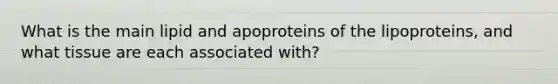 What is the main lipid and apoproteins of the lipoproteins, and what tissue are each associated with?