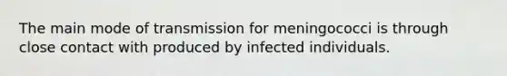 The main mode of transmission for meningococci is through close contact with produced by infected individuals.